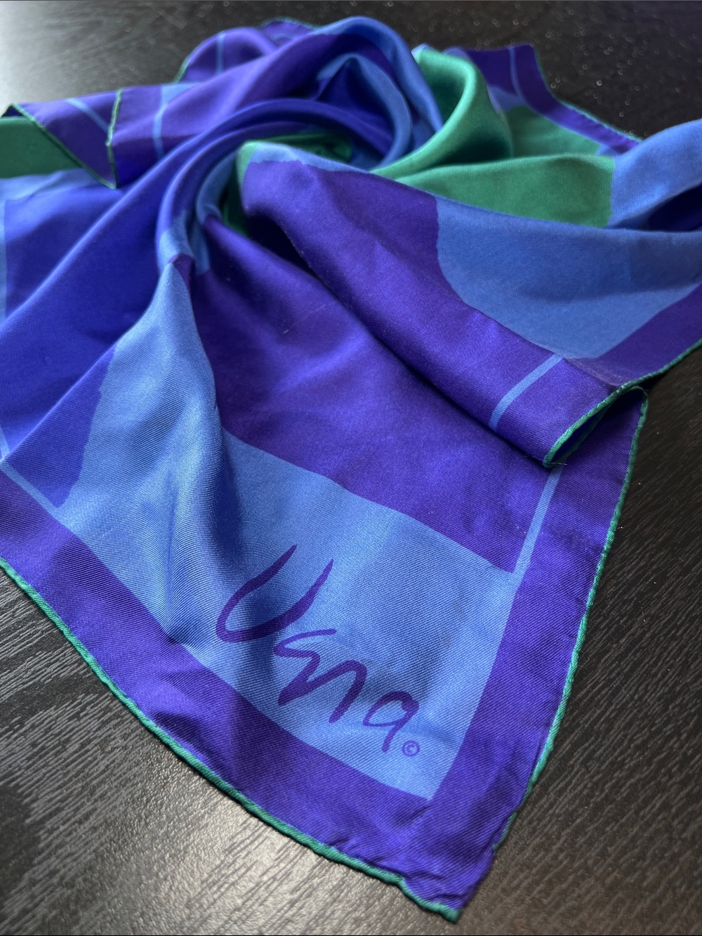VTG Vera Signed Abstract Colorblock Silk Handrolled Edge Scarf Blue Green Purple